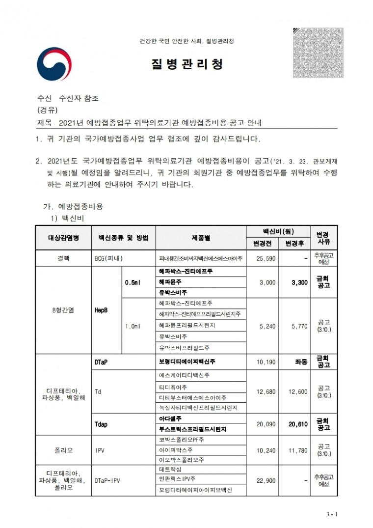 (공문) 2021년 예방접종업무 위탁의료기관 예방접종비용 공고 안내_의료계.pdf_page_1.jpg