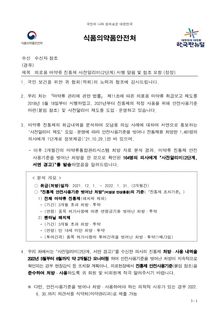 의료용 마약류 진통제 사전알리미(2단계) 시행 알림 및 협조 요청 (정정).pdf_1.jpg