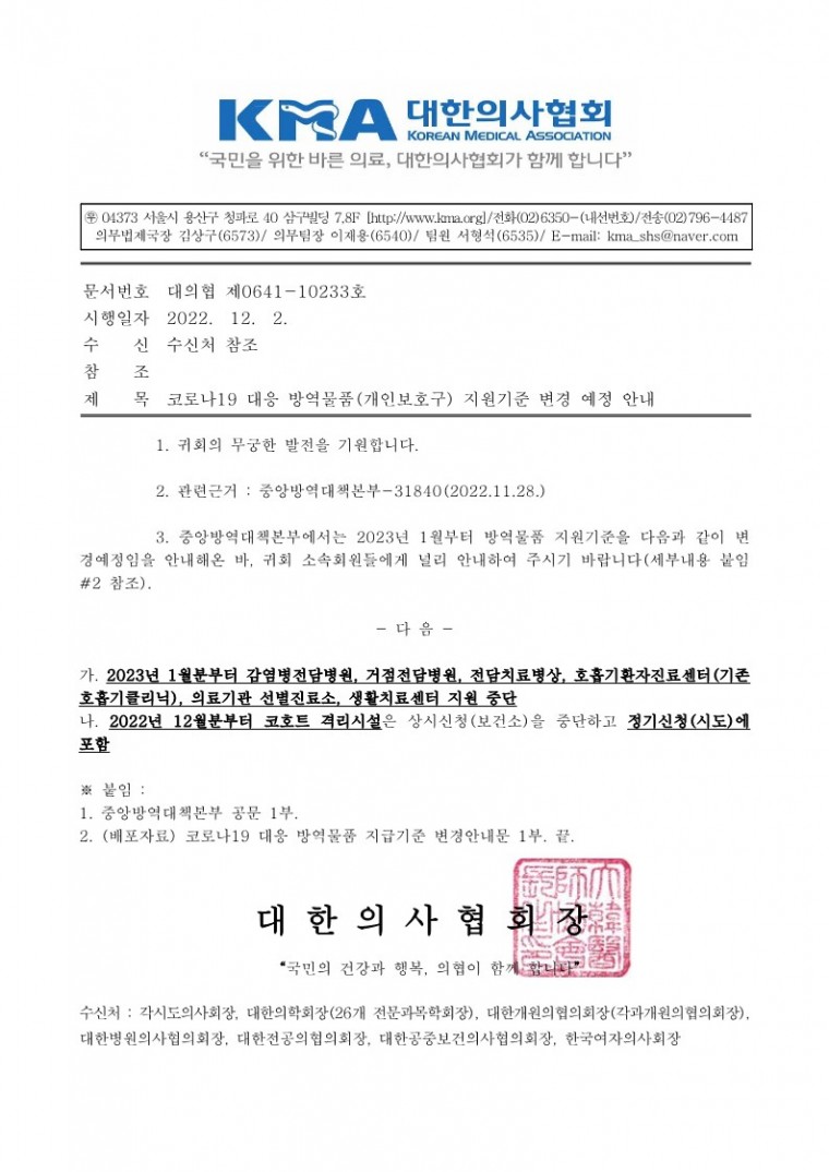 코로나19 대응 방역물품(개인보호구) 지원기준 변경 예정 안내(중앙방역대책본부)-시행_1.jpg