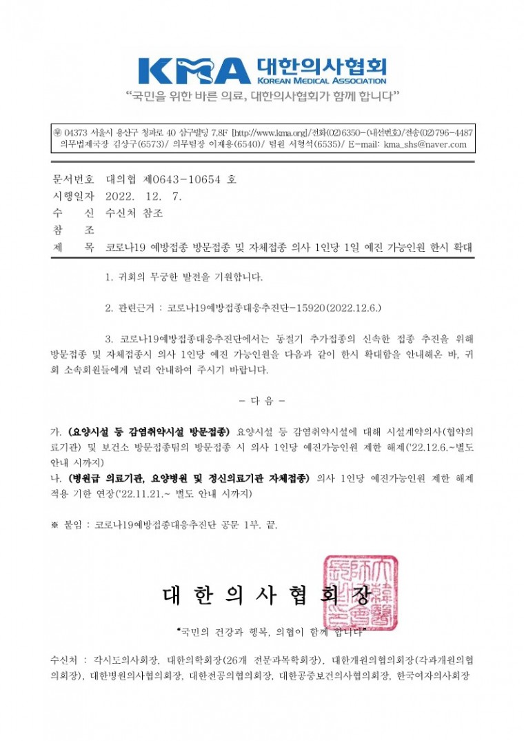 (221207 발송) 코로나19 예방접종 방문접종 및 자체접종 의사 1인당 1일 예진 가능인원 한시 확대(코로나19예방접종대응추진단)-시행_1.jpg